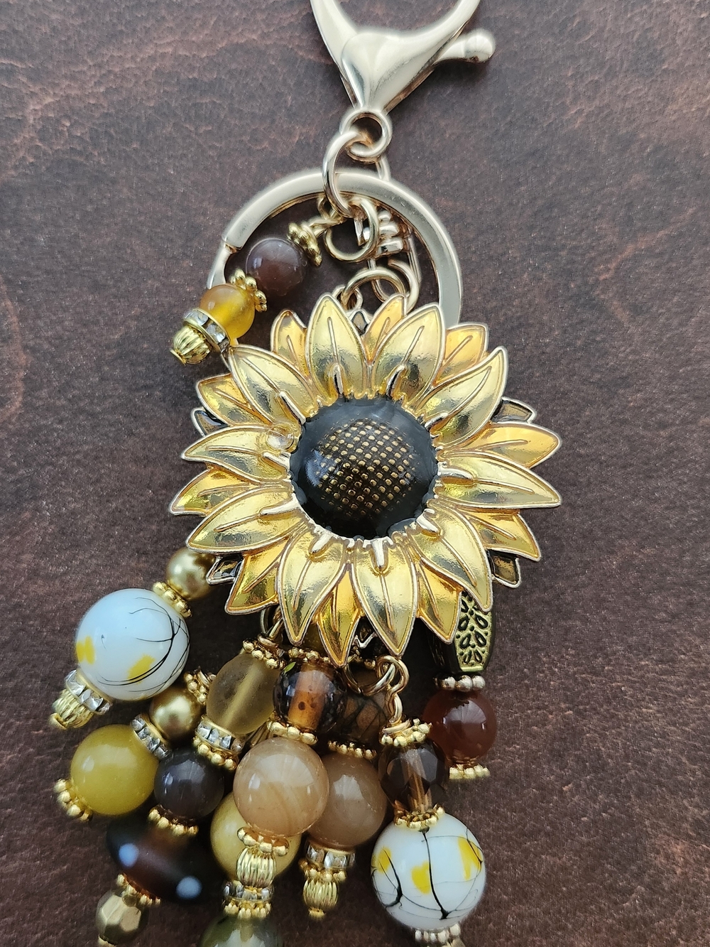 Sunflower Purse Charm or Keychain Jasper Agate Stone Glass Handcrafted - Picture 4 of 5